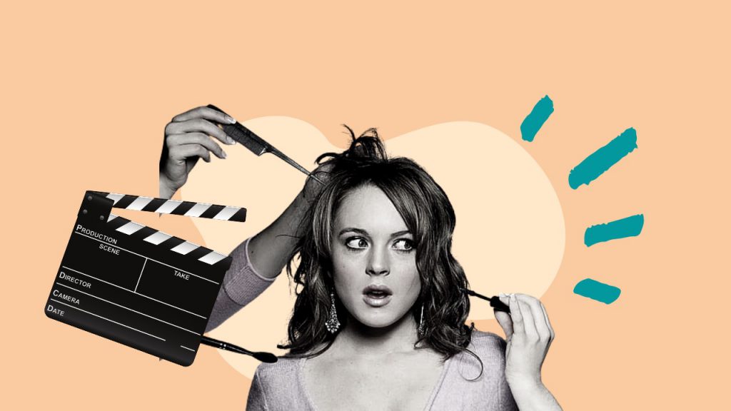 Cady, personagem principal do filme "Meninas Malvadas", em fundo laranja e ao lado de ícone de cinema